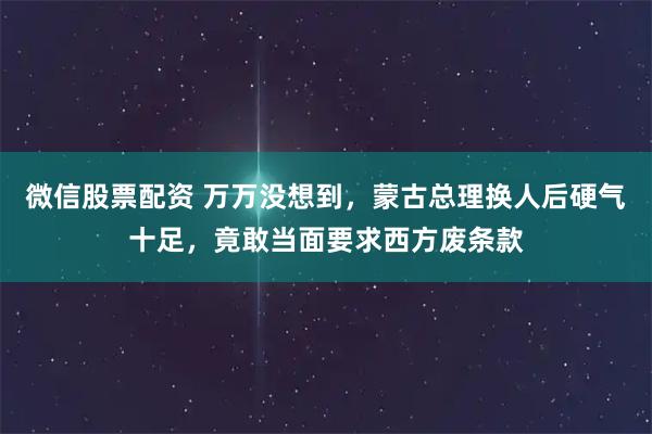 微信股票配资 万万没想到，蒙古总理换人后硬气十足，竟敢当面要求西方废条款